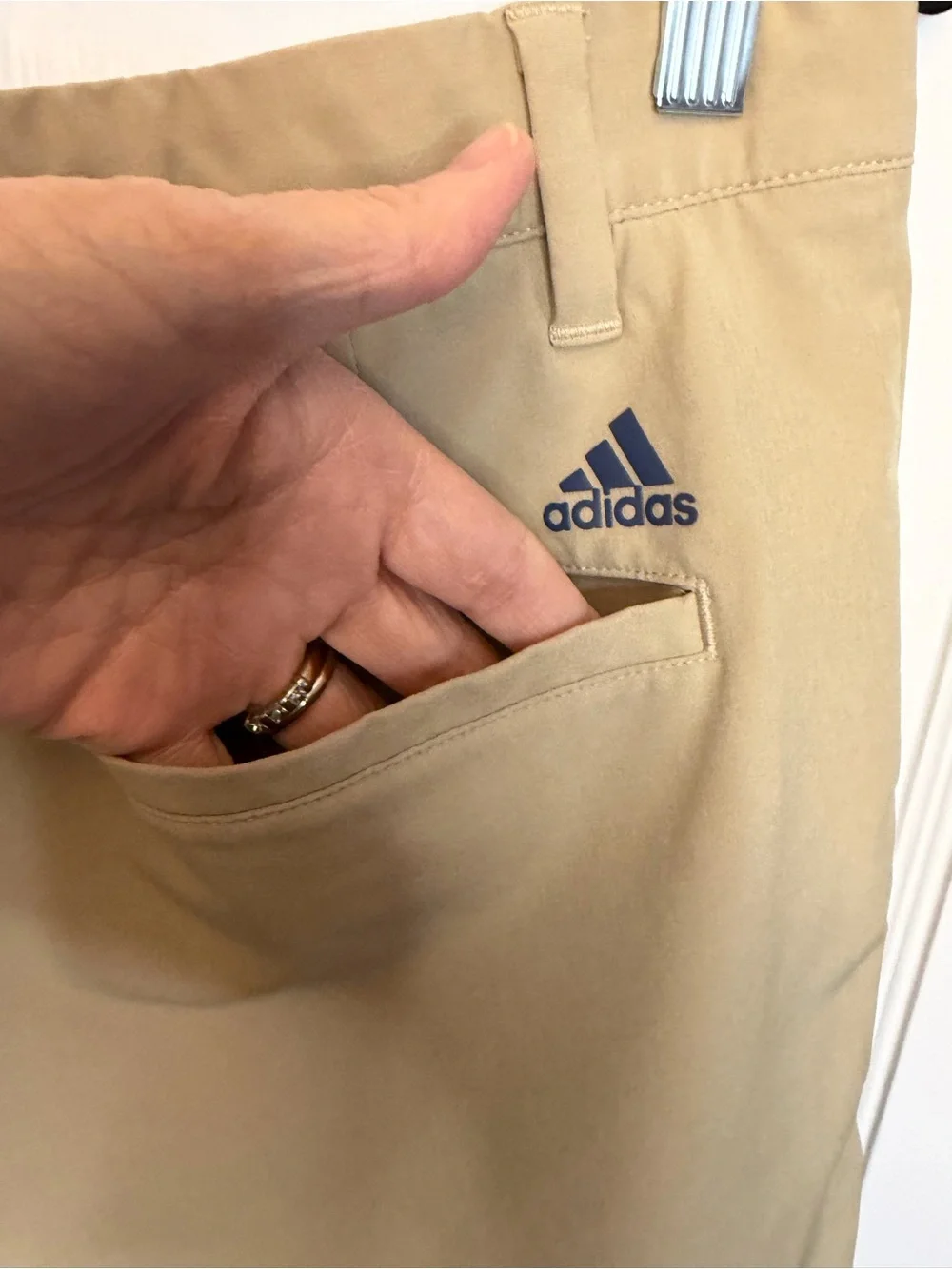 Adidas Men's Beige Chino Shorts Polyester Flat Front Button Closure Pockets Logo